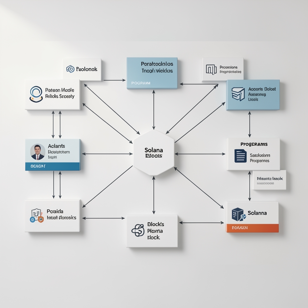 Detailed editorial illustration of Solana blocks, accounts, and programs connected through a clean technical diagram