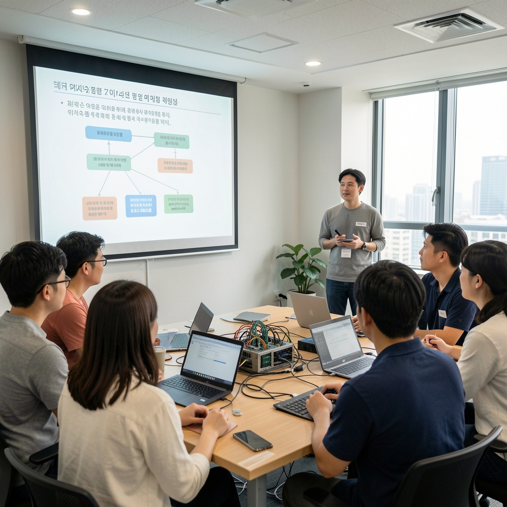 Small diverse technology meetup in Seoul listening to a speaker beside a projection about distributed systems and open documentation