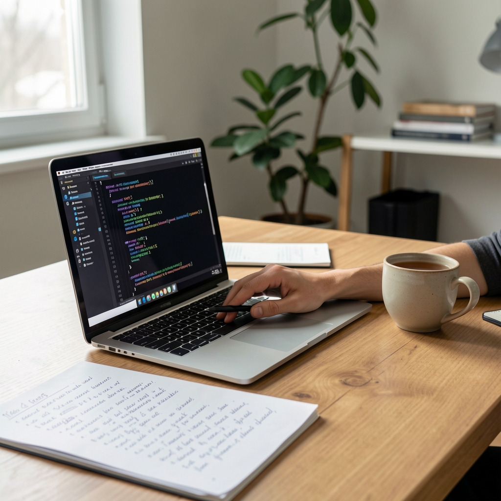 Developer reviewing open-source blockchain code on a laptop beside handwritten research notes and a cup of tea in a quiet workspace