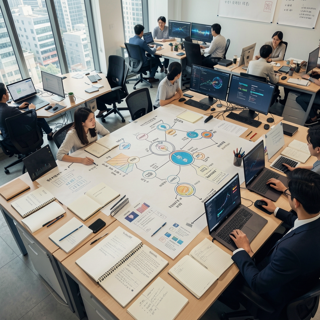 Aerial view of a collaborative technology workspace in Seoul with diagrams, notebooks, and screens representing a diverse blockchain ecosystem
