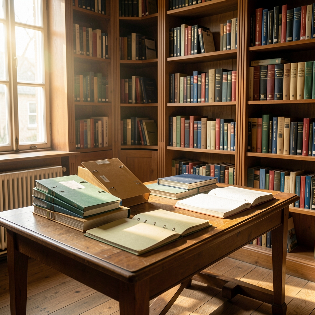 Quiet reference library with technology books, archival folders, and sunlight across a wooden reading table