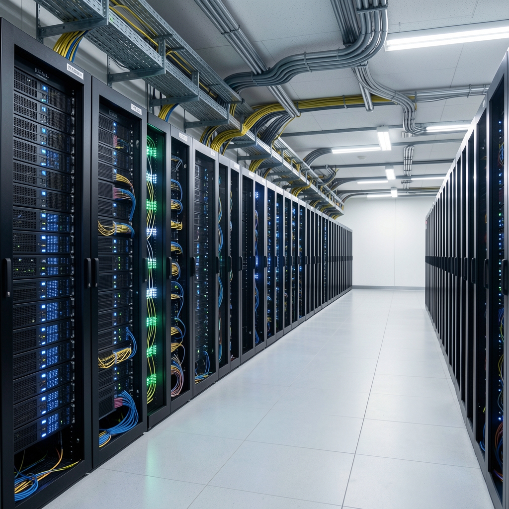 Wide editorial view of illuminated network equipment in a modern Seoul data center with orderly cable paths