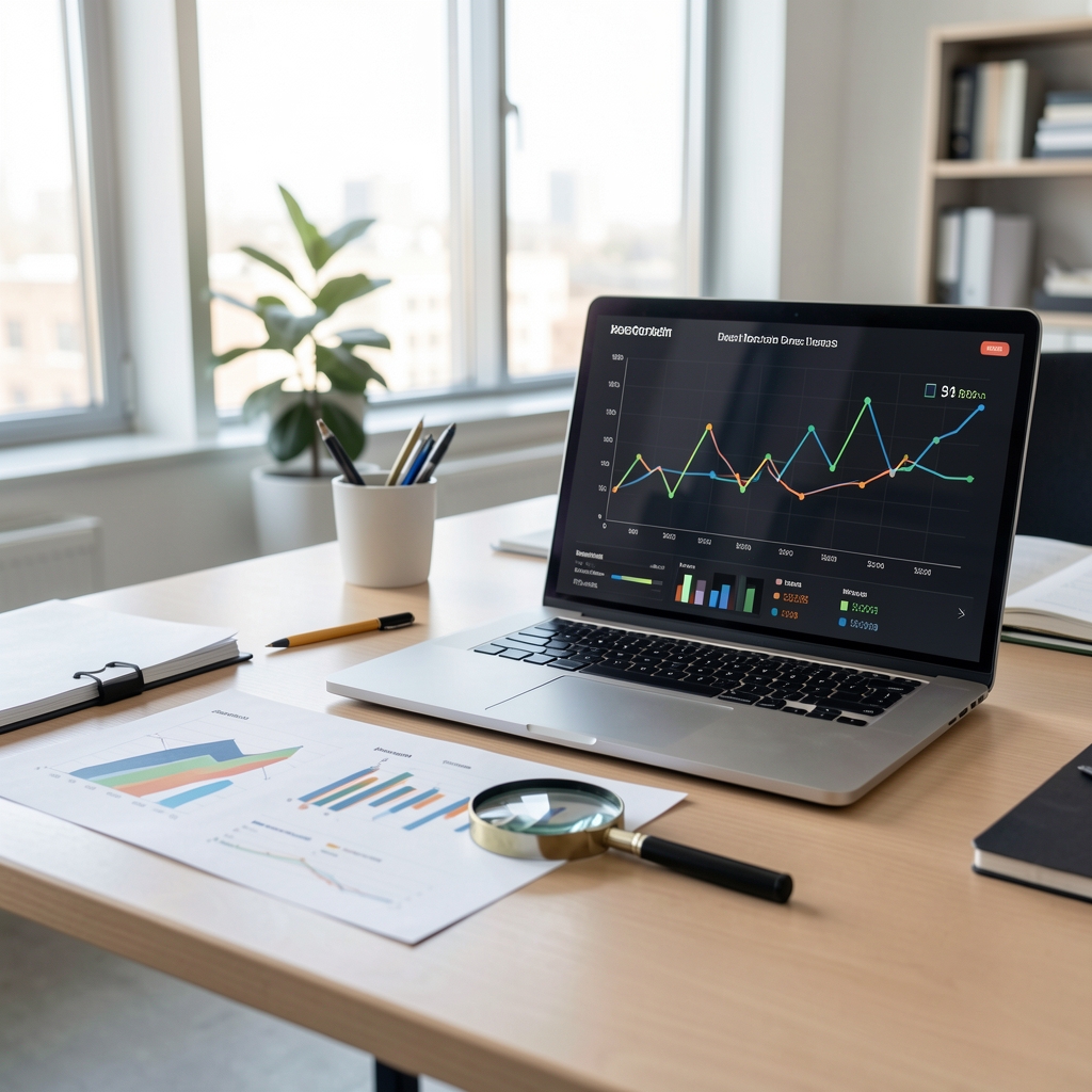 Research desk with printed charts, a magnifying glass, and a laptop displaying neutral blockchain activity measurements in a bright editorial office