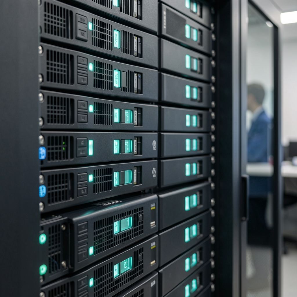 Close editorial photograph of a server rack with soft teal indicator lights representing distributed validation infrastructure and careful systems maintenance