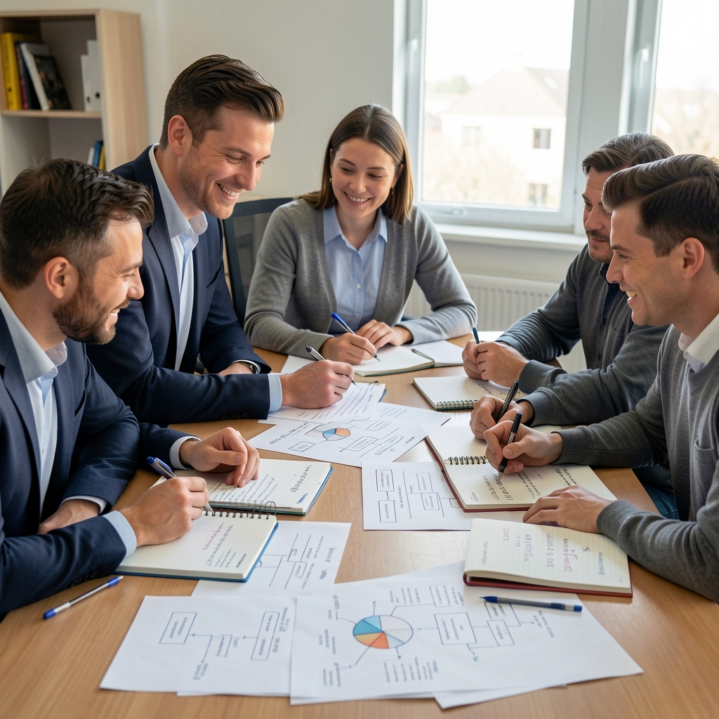 Researchers collaborating around a table covered with printed protocol diagrams and annotated notebooks